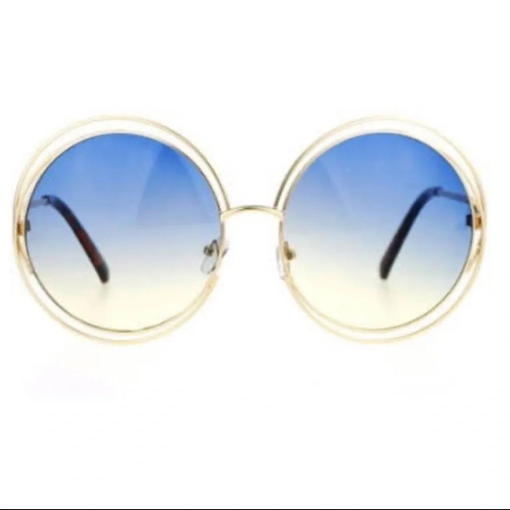 Round oversized yellow and blue metal sunglasses